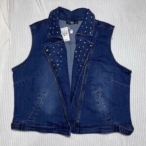 NWT Ashley Stewart Asymmetrical Zip Studded Denim Vest Size 18/20